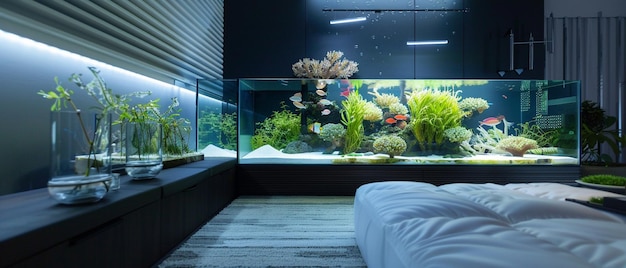 Photo a fish tank with a fish on the wall and a pillow on the bed