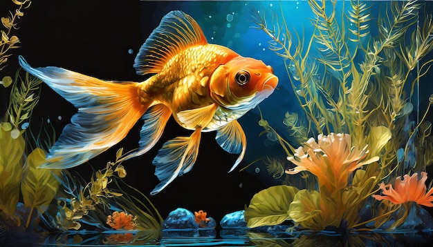 a fish tank with goldfish in it and a fish in the background