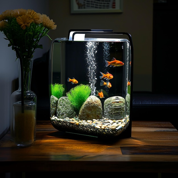 a fish tank with goldfish in it and flowers in it