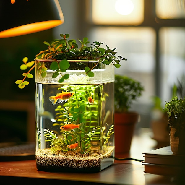 a fish tank with goldfish in it on a table