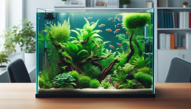 Photo a fish tank with a green plant in it