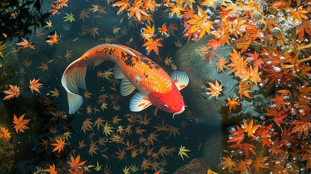 a fish in a tank with leaves and leaves