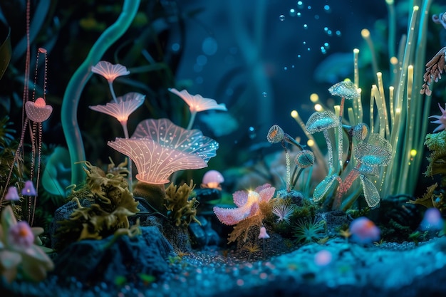 fish tank with lot of different types of fish An underwater scene highlighted by bioluminescent creatures and plants curating charming 3D glow