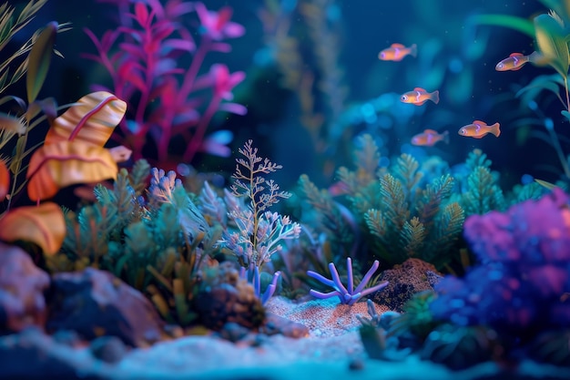 fish tank with lot of different types of fish An underwater scene highlighted by bioluminescent creatures and plants curating charming 3D glow