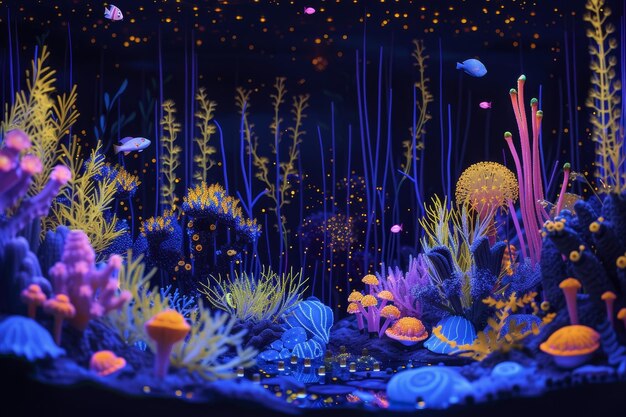 fish tank with lot of different types of fish An underwater scene highlighted by bioluminescent creatures and plants curating charming 3D glow