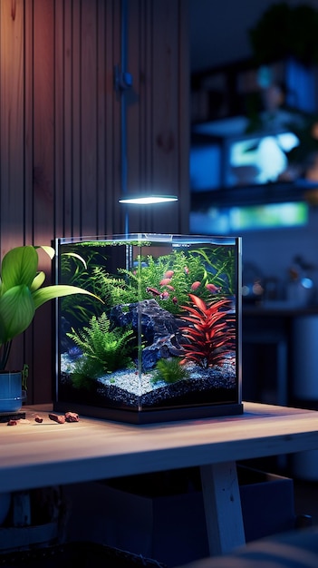 Photo a fish tank with a plant in it and a plant in the corner