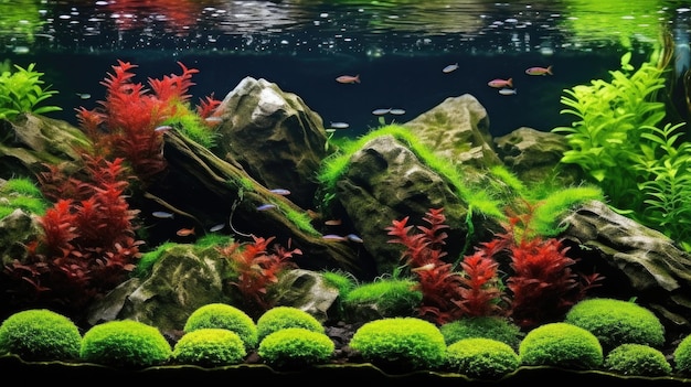 A fish tank with a rock and plant background