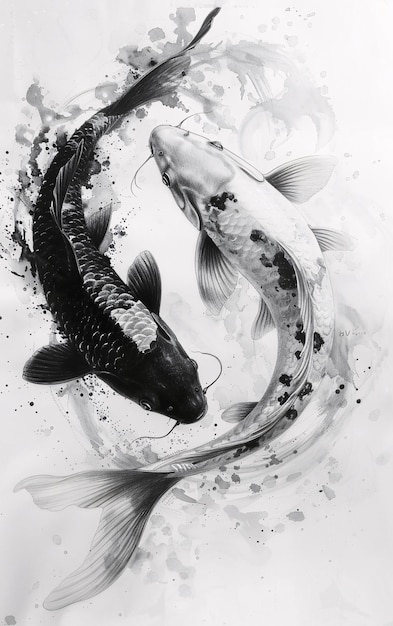 a fish that has the number 3 on itTwo black and white koi fish swim on the water festive koi fish r