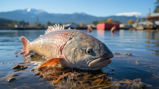 a fish that is in the water with a red building in the background