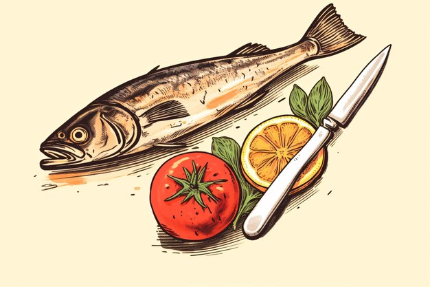 a fish and a tomato and a knife