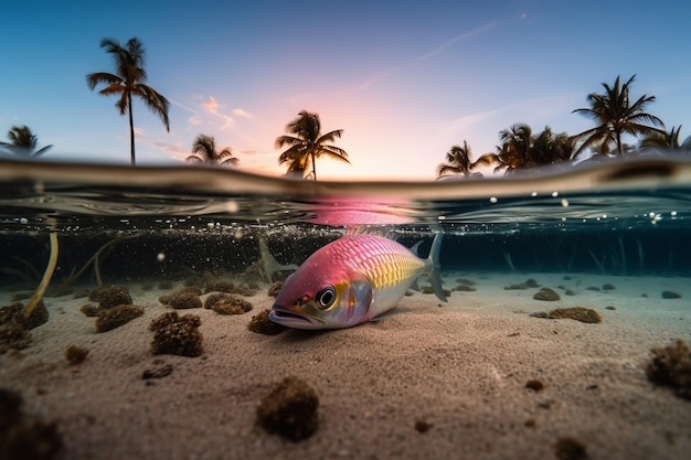 A fish in the water with palm trees in the background