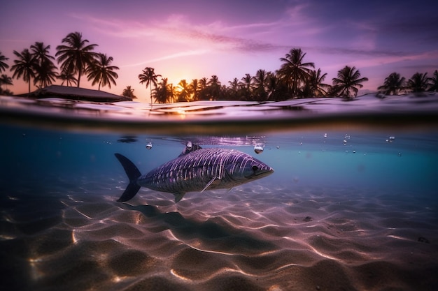 A fish in the water with palm trees in the background