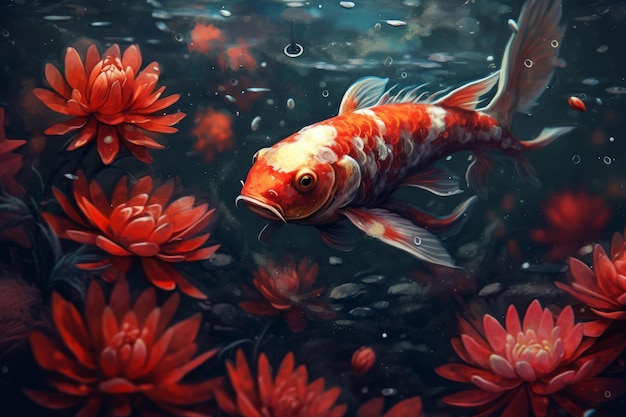 A fish in the water with red flowers