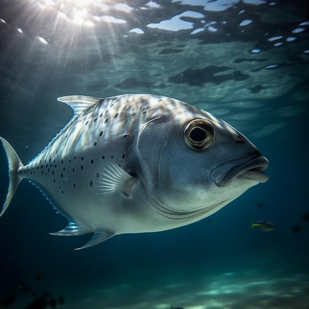 A fish in the water with the sun shining on it.