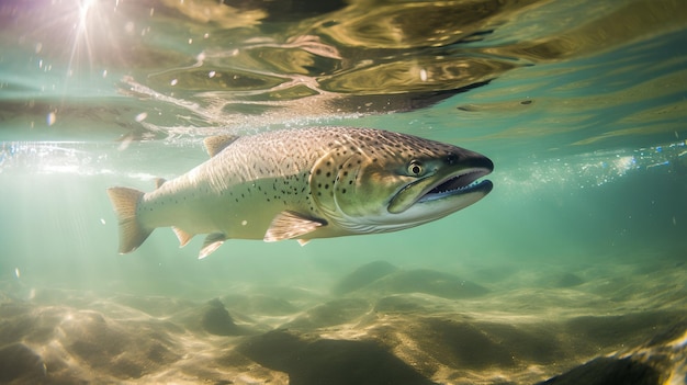 A fish in the water with the sun shining on it.