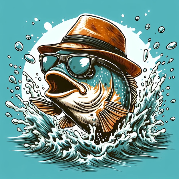 A fish wearing a hat and sunglasses splashing out of the water