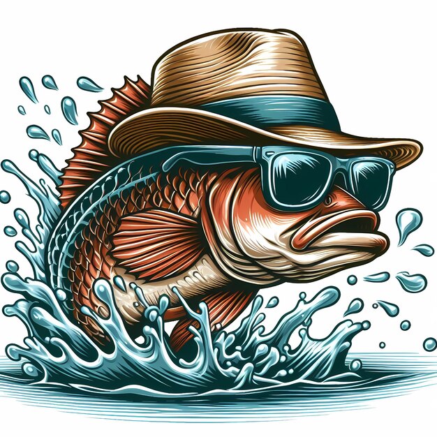 A fish wearing a hat and sunglasses splashing out of the water