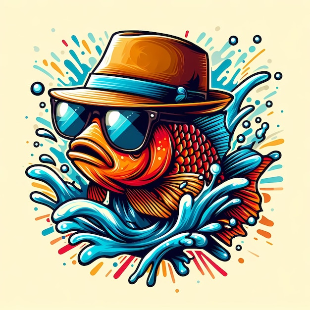 A fish wearing a hat and sunglasses splashing out of the water