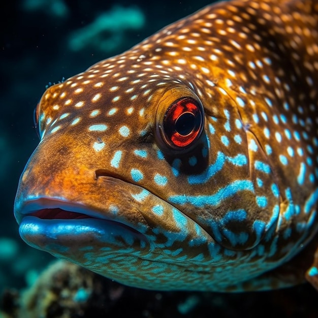 A fish with a black spot on its face is looking at the camera