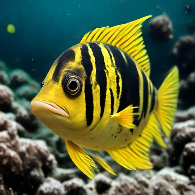 a fish with black stripes and a yellow and black stripes is swimming in an aquarium