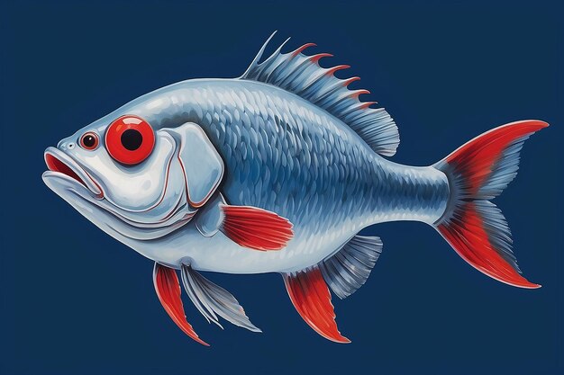 A fish with a blue background and a red eye