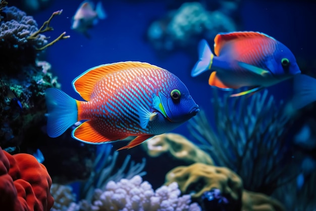 A fish with a blue background and a red tail.