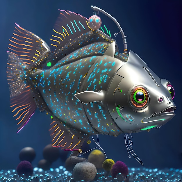 A fish with a blue body and blue eyes is on a blue background.