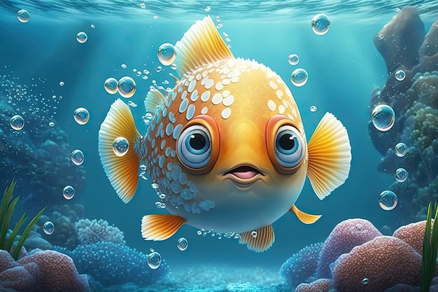 A fish with blue eyes and a blue background