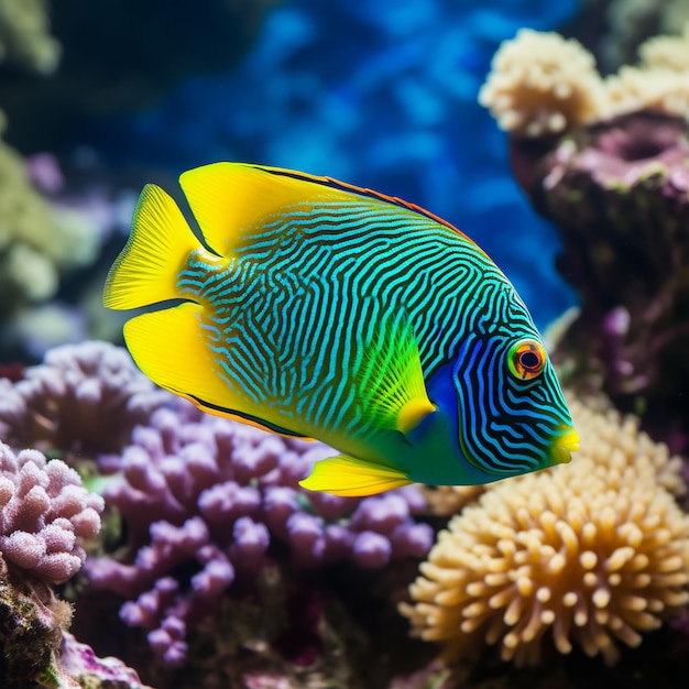 a fish with blue and green stripes is in an aquarium