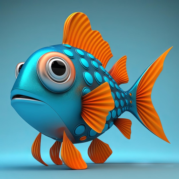 A fish with blue and orange fins and a tail