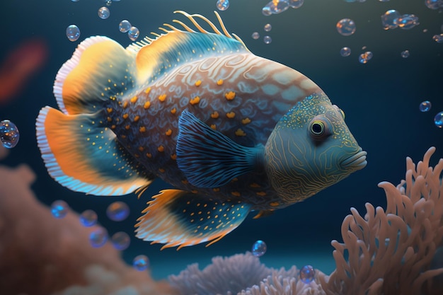 A fish with blue and orange spots is swimming in a coral reef.