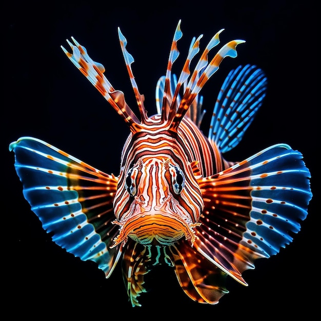 A fish with the blue stripes on it is in a dark room.