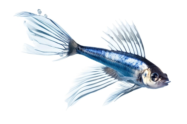 A fish with a blue tail and blue tail is shown against a white background.