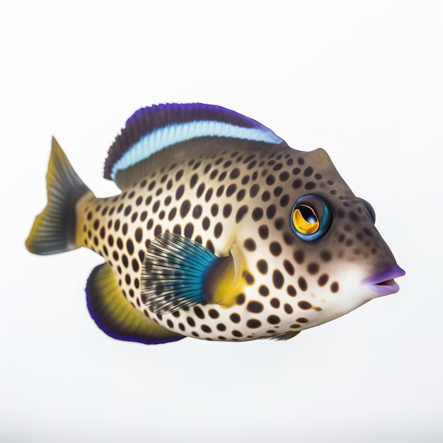 A fish with blue and yellow spots and a blue and white tail.