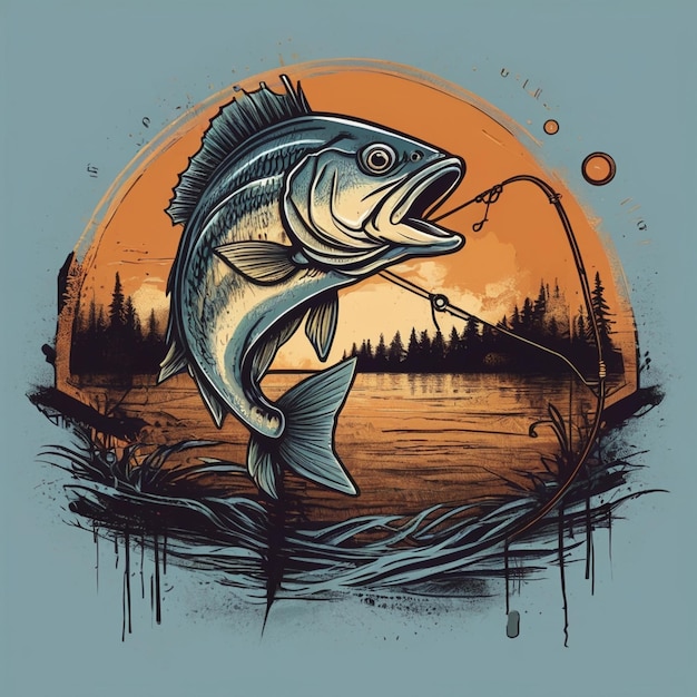 a fish with a fish in the mouth is drawn by a fisherman