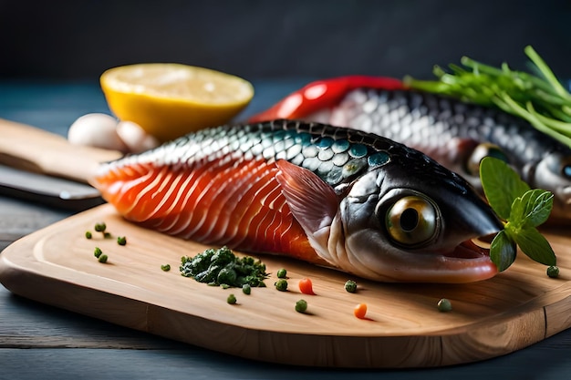 a fish with a lemon wedge and a lemon on the plate.