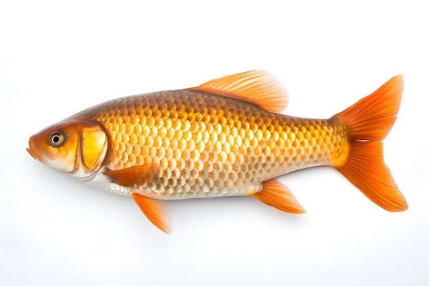 A fish with orange fins and a yellow tail is on a white background.