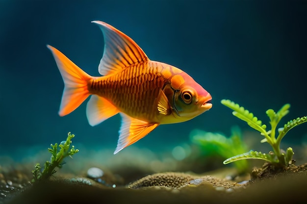 a fish with orange stripes is swimming in an aquarium