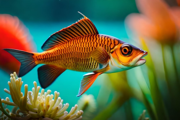 a fish with an orange and white striped tail is in an aquarium