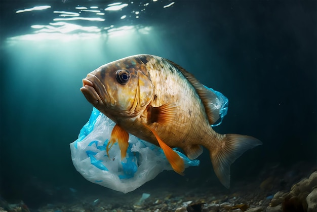 Fish with a plastic bag Ocean plastic pollution concept Generative AI