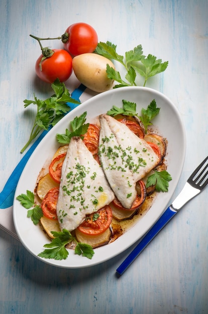 Fish with potatoes and tomatoes