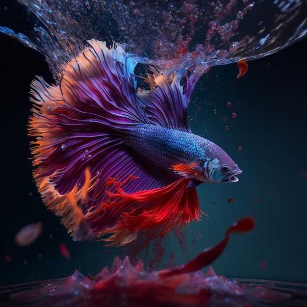 A fish with red and blue on its tail is swimming in the water.