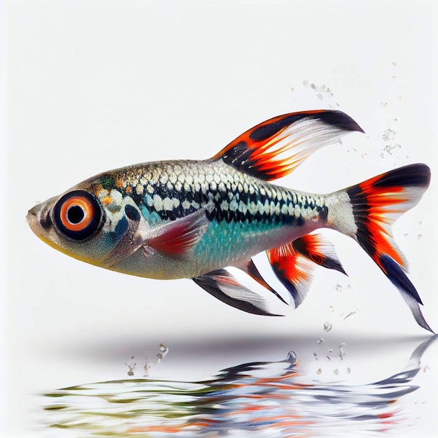 A fish with red and blue tail and blue tail is swimming in water.