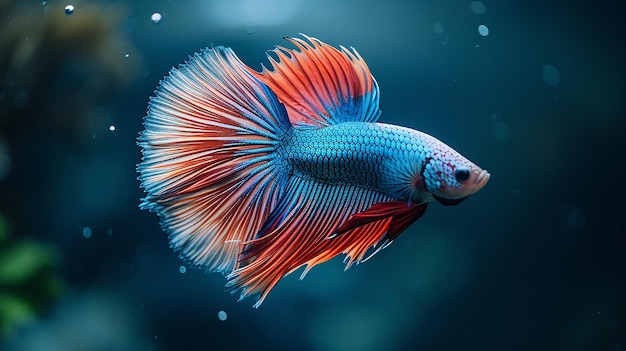 a fish with a red and blue tail is swimming in an aquarium