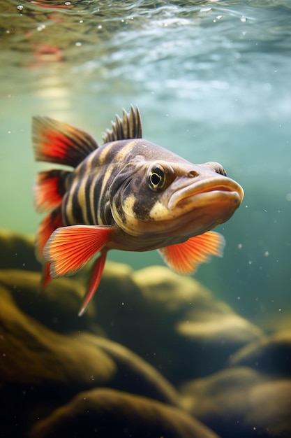 a fish with a red tail is swimming in a tank.