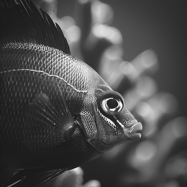 a fish with a ring on its head is shown in black and white