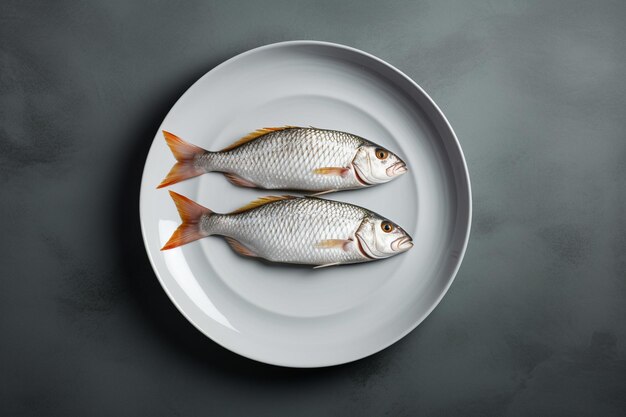 Fish with slices in white plates on a grey plaster surface