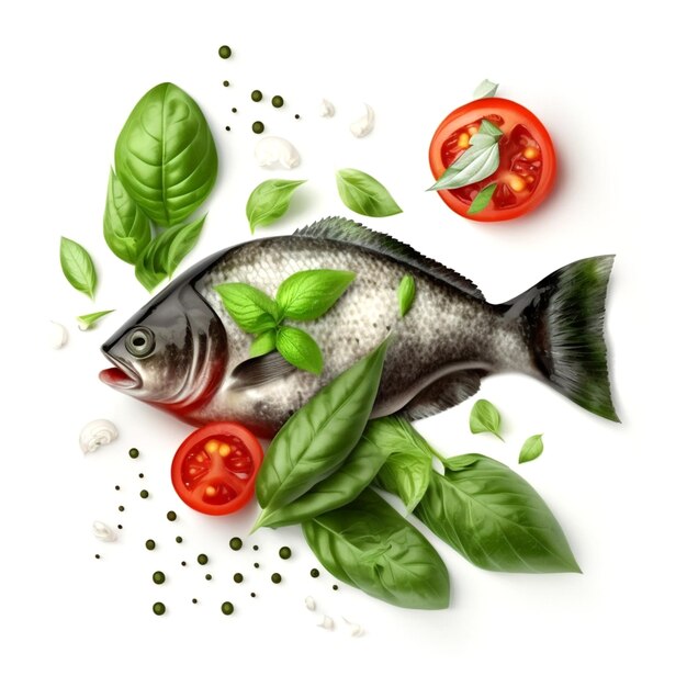 A fish with tomatoes and basil on it