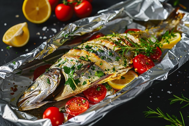 a fish with tomatoes and herbs in a foil