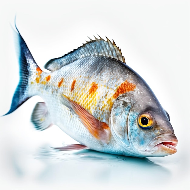 A fish with a white background and a blue and orange tail